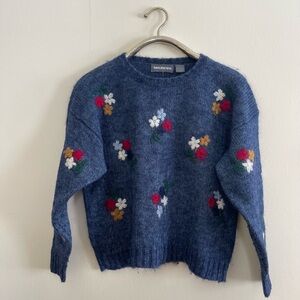 Vintage Maurice’s navy blue mohair sweater with floral embroidery